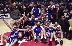 Players of Buducnost celebrate their triumph